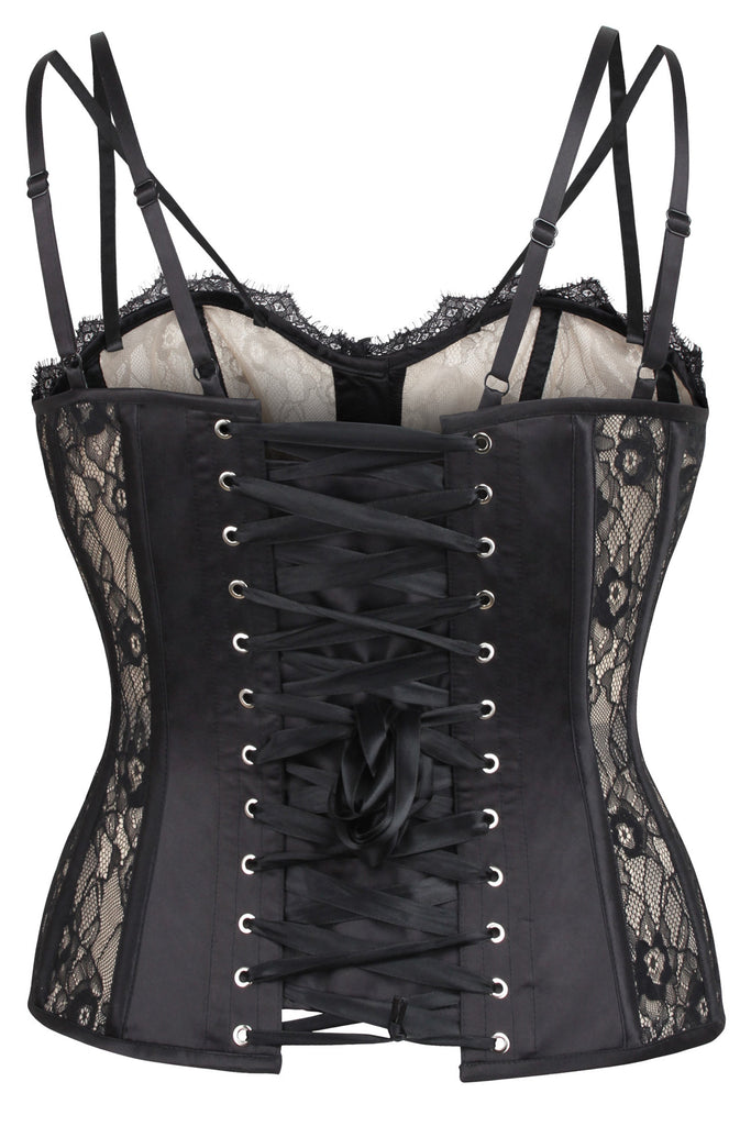 Clementine Black Satin and Lace Overbust Corset with Spaghetti