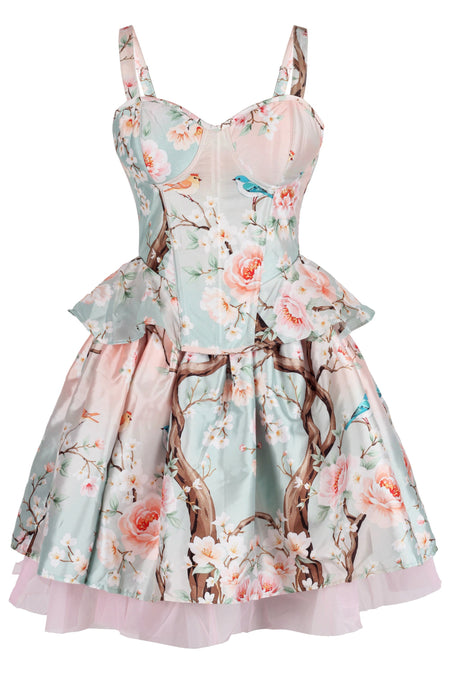 Blossom Grove Corset & Skirt Set with Pastel Florals and Songbirds