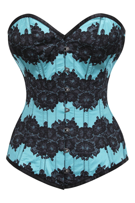 Aqua Blue Longline Overbust Corset with Black Floral Lace Overlay