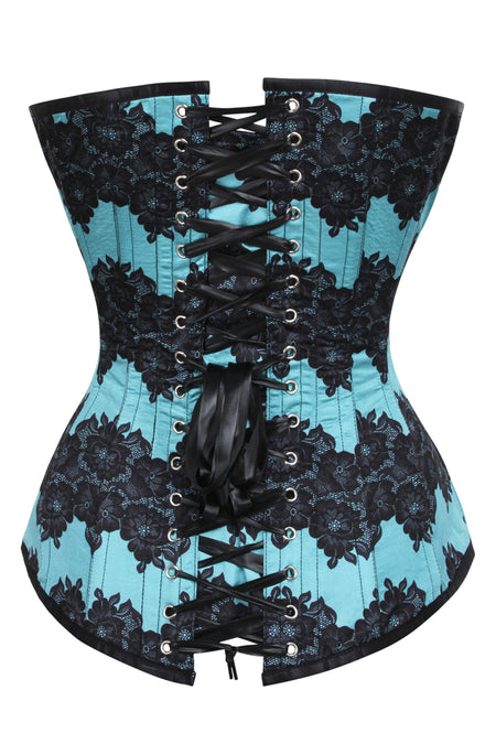 Aqua Blue Longline Overbust Corset with Black Floral Lace Overlay