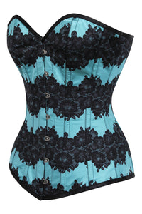 Aqua Blue Longline Overbust Corset with Black Floral Lace Overlay