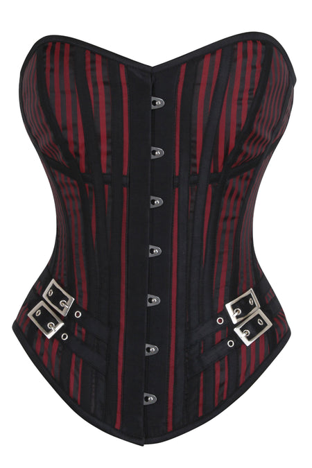 Black & Red Steampunk Pirate Longline Overbust Corset with Buckle Detail