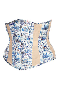 Blue Willow Toile Underbust Corset with Navy Ribbon Lacing