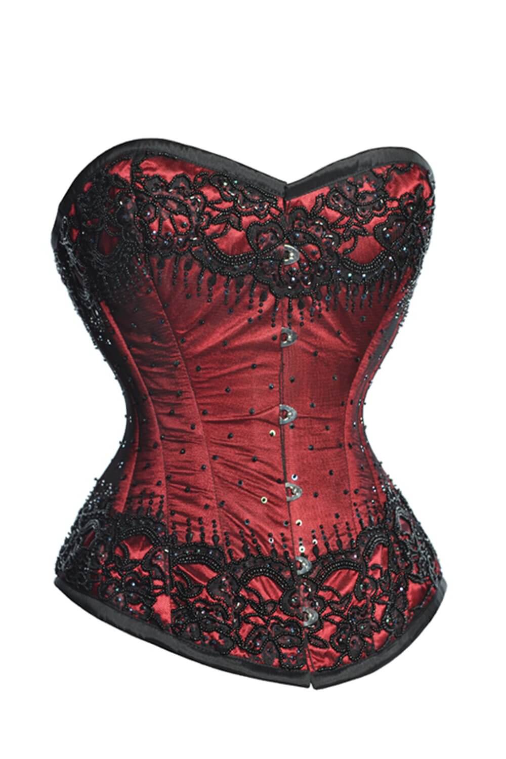  Overbust Corset Red Satin Burlesque Authentic Steel Boned Waist  Trainer Bustier Costume (3X-Small): Clothing, Shoes & Jewelry