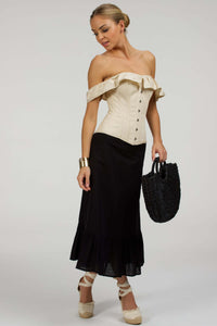 Corset Story C2002 Champagne Cotton Vintage Inspired Straight line Overbust with off the shoulder collar