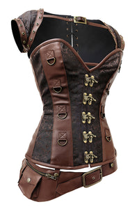 Brown Steampunk Overbust Corset with Shrug, Swing Hooks & Utility Belt
