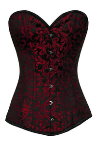 Black and Red Brocade Overbust Corset with Sweetheart Neckline