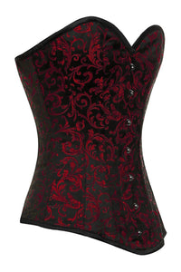 Black and Red Brocade Overbust Corset with Sweetheart Neckline