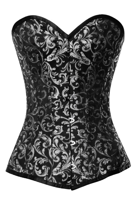 Black and Silver Brocade Overbust Corset with Sweetheart Neckline