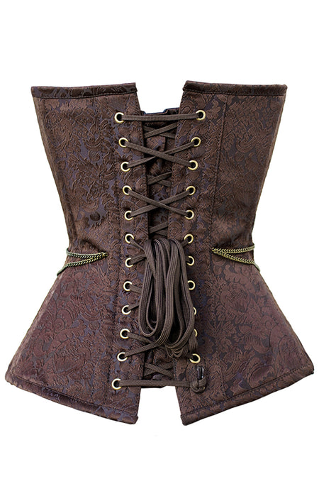 Ornate Brown Brocade Overbust Corset with Antique Brass Appliqués and Swing Hooks