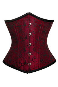 Burgundy and Black Brocade Underbust Corset with Front Busk Closure