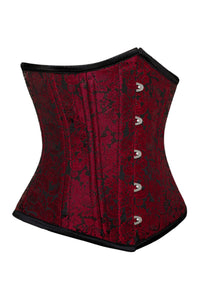 Burgundy and Black Brocade Underbust Corset with Front Busk Closure