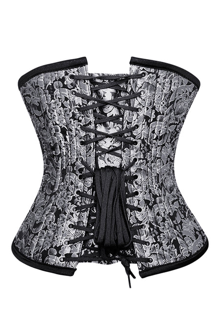 Silver and Black Brocade Underbust Corset with Front Busk Closure