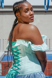 Corset Story CSFT040 Beautiful Victoriana Mint Corset With Off Shoulder Elasticated Ruffle