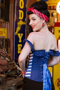 Cobalt Blue Americana Inspired Illusion Stripe Overbust Corset