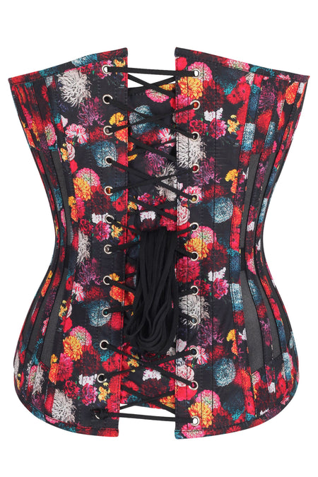 Floral Print Cotton Overbust Corset with Plunge Neckline and Side Mesh Panels