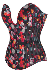 Floral Print Cotton Overbust Corset with Plunge Neckline and Side Mesh Panels