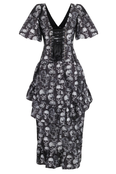 Gothic Skull Print High-Low Corset Dress with Puff Sleeves