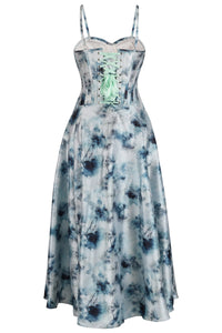 Watercolor Blue Corset Midi Dress with Shoulder Straps