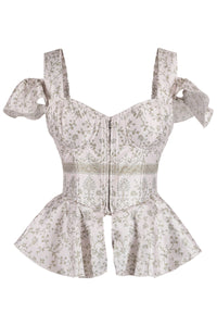 Pale Blush Botanical Peplum Corset with Ruffled Shoulder Straps