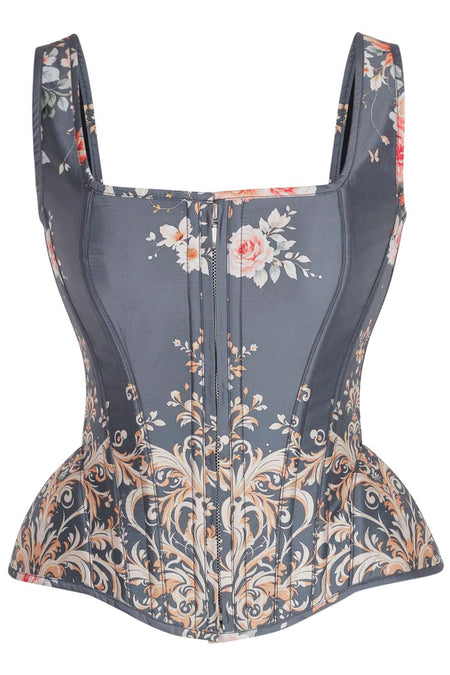 Vintage Blue Floral Overbust Corset with Baroque Scroll Print and Shoulder Straps