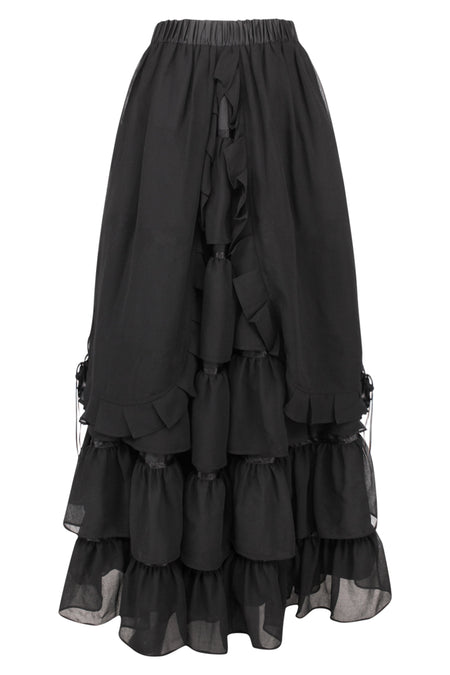 Black Tiered Ruffle Maxi Skirt with Apron Overlay