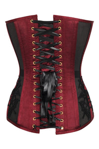 Burgundy Longline Overbust Corset with Black Lace and Mesh Panels