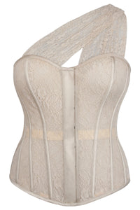 Corset Story LO-012 Emmeline Champagne Satin and Lace Overbust Corset with One Shoulder Detail