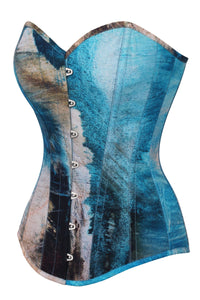 Corset Story MY-604 Abstract Brushed Opal Blue and Sand Longline Overbust Corset