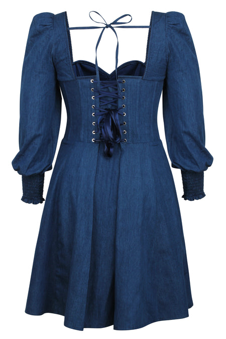Sunflower Blue Chambray Corset Dress With Long Sleeves