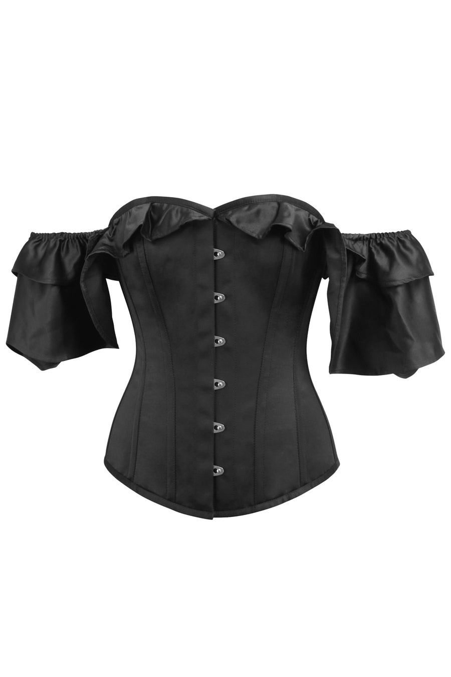 Black Satin Corset Top with off the Shoulder Frilled Sleeves