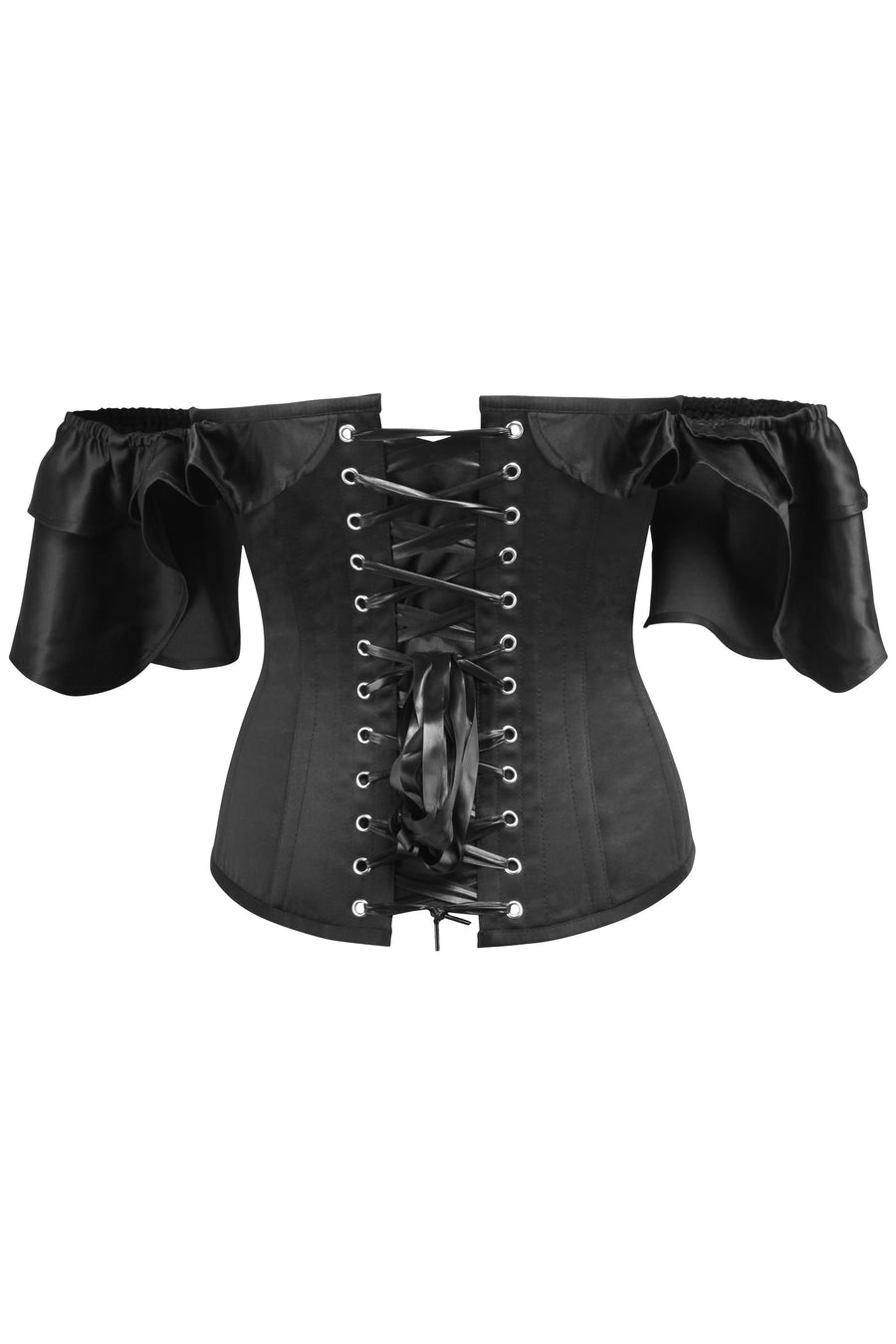 Black Satin Corset Top with off the Shoulder Frilled Sleeves