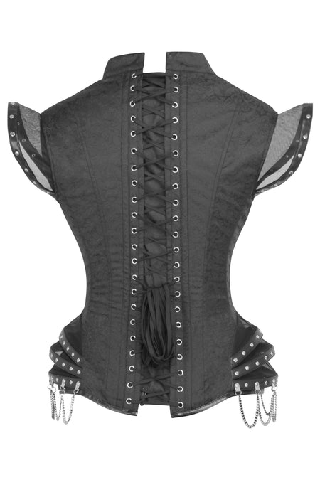 High Backed Black Satin Underbust Corset with Chains