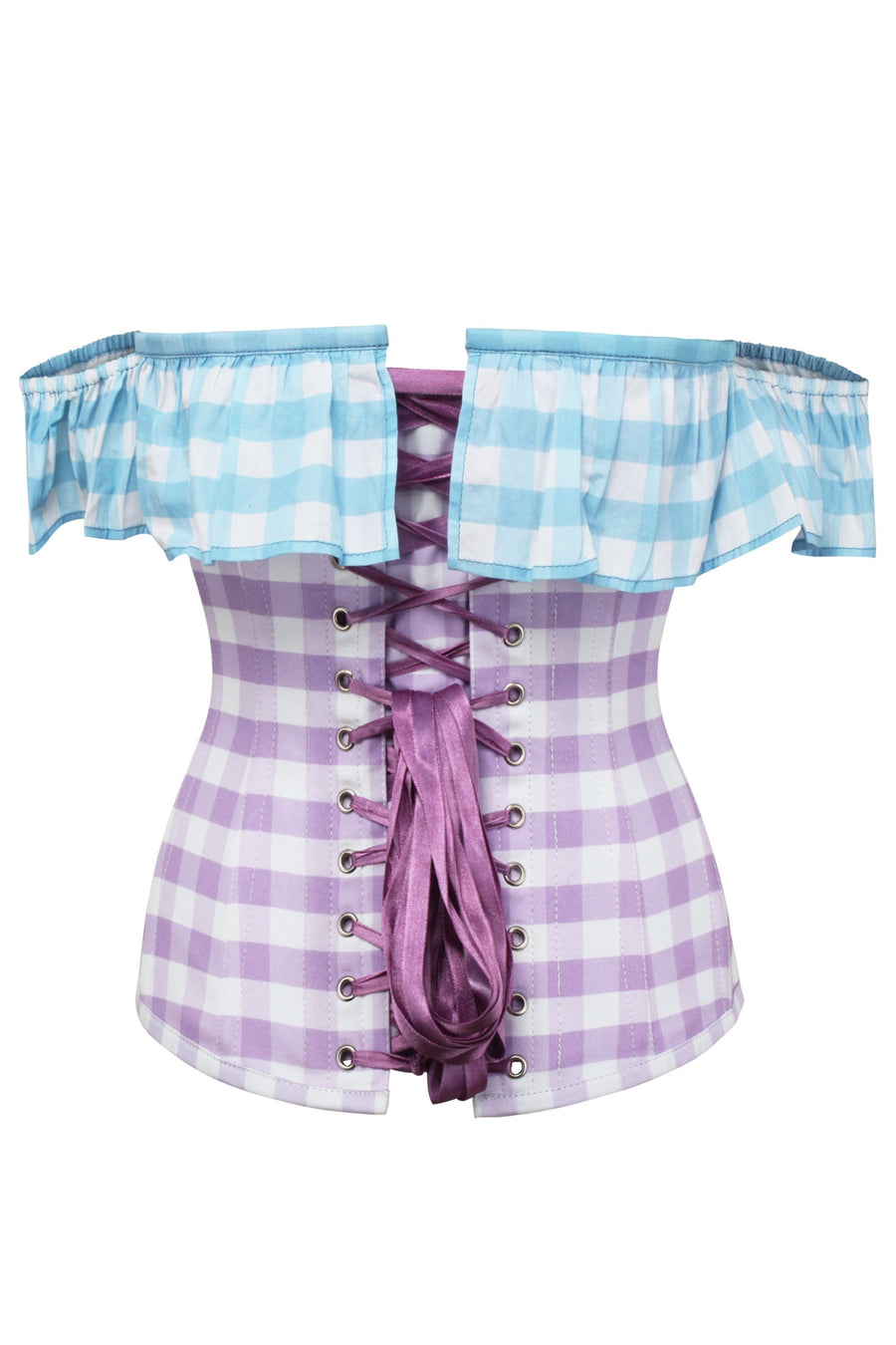 Lilac and Blue Contrast Gingham Corset Top With Bardot Sleeve