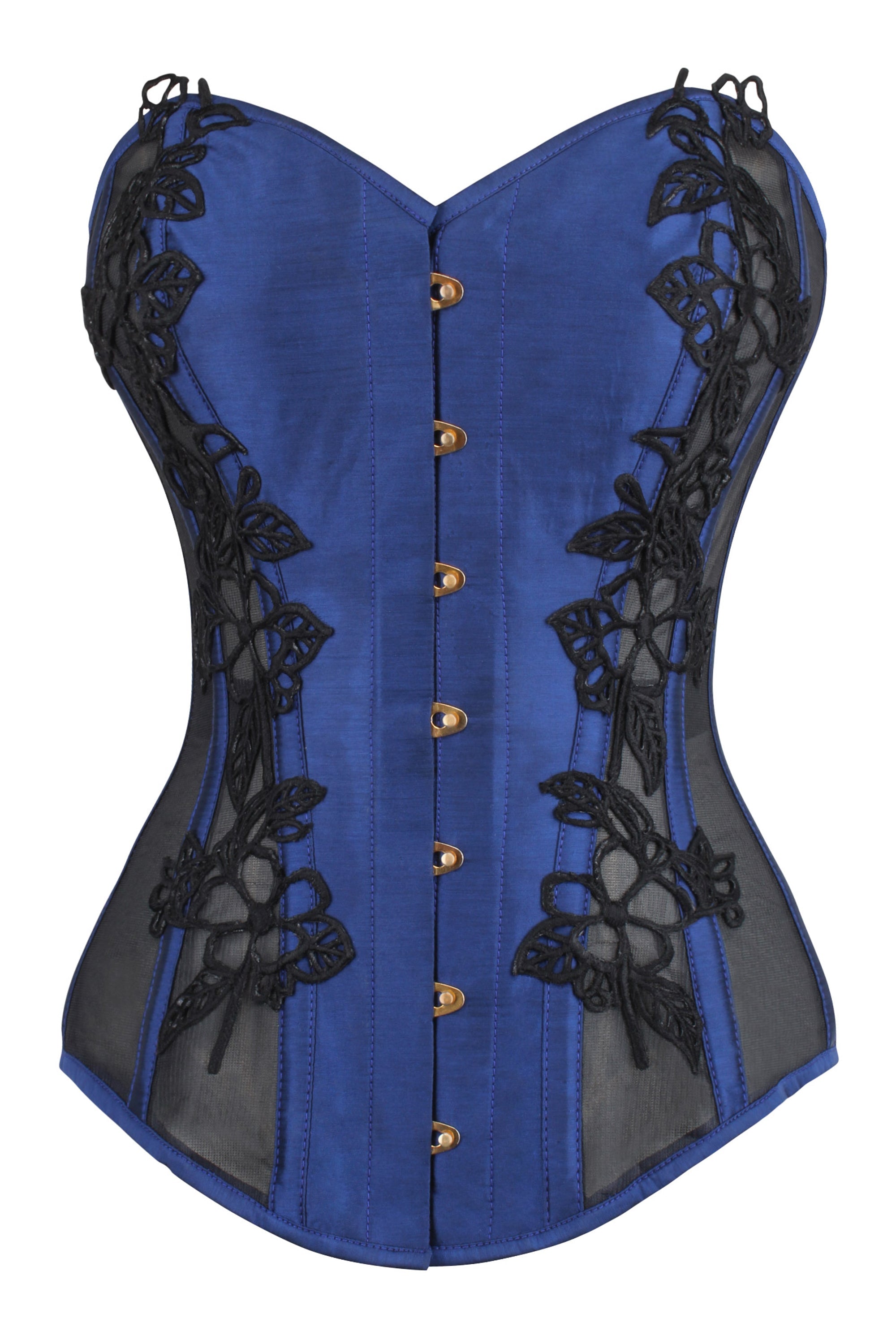 Navy Blue Longline Overbust Corset with Black Lace and Mesh